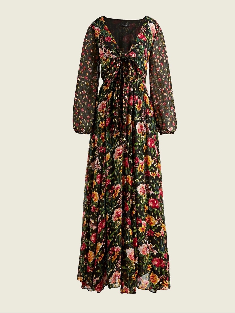 J. Crew Tie-Front Lurex Maxi Dress Floral Volume Sleeves Metallic | Size S